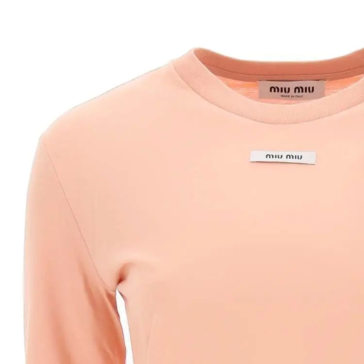 Sizing (Women) MIU MIU SS23  Pink Logo Patch Crewneck Long Sleeve Oversized T-Shirt. MJL963-1YXU-F0236-S-232