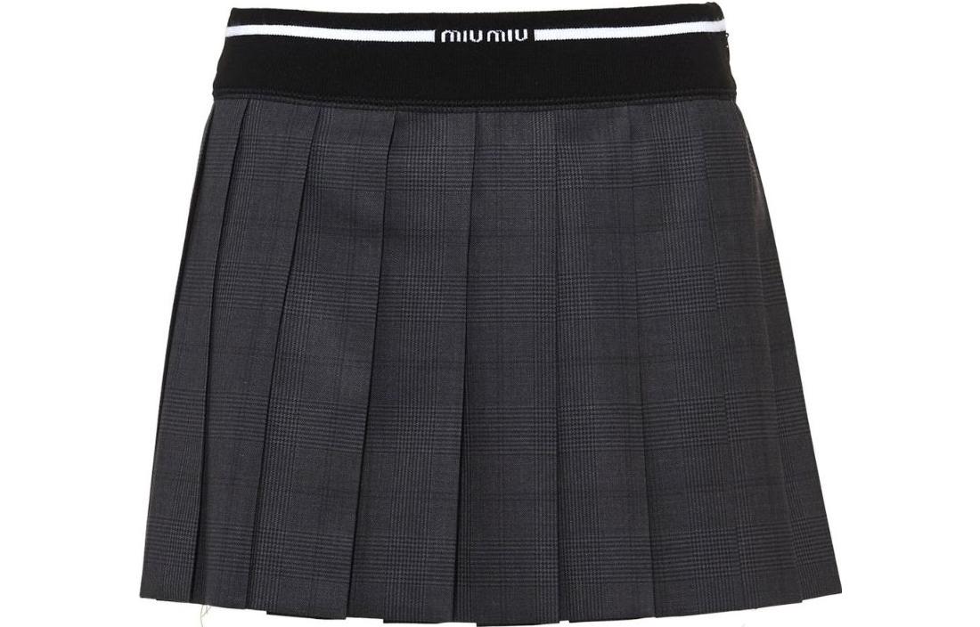 (Women) MIU MIU SS23  Plaid Logo Pleated Casual Skirt - Gray. MG1905-10DI-F0480-S-231