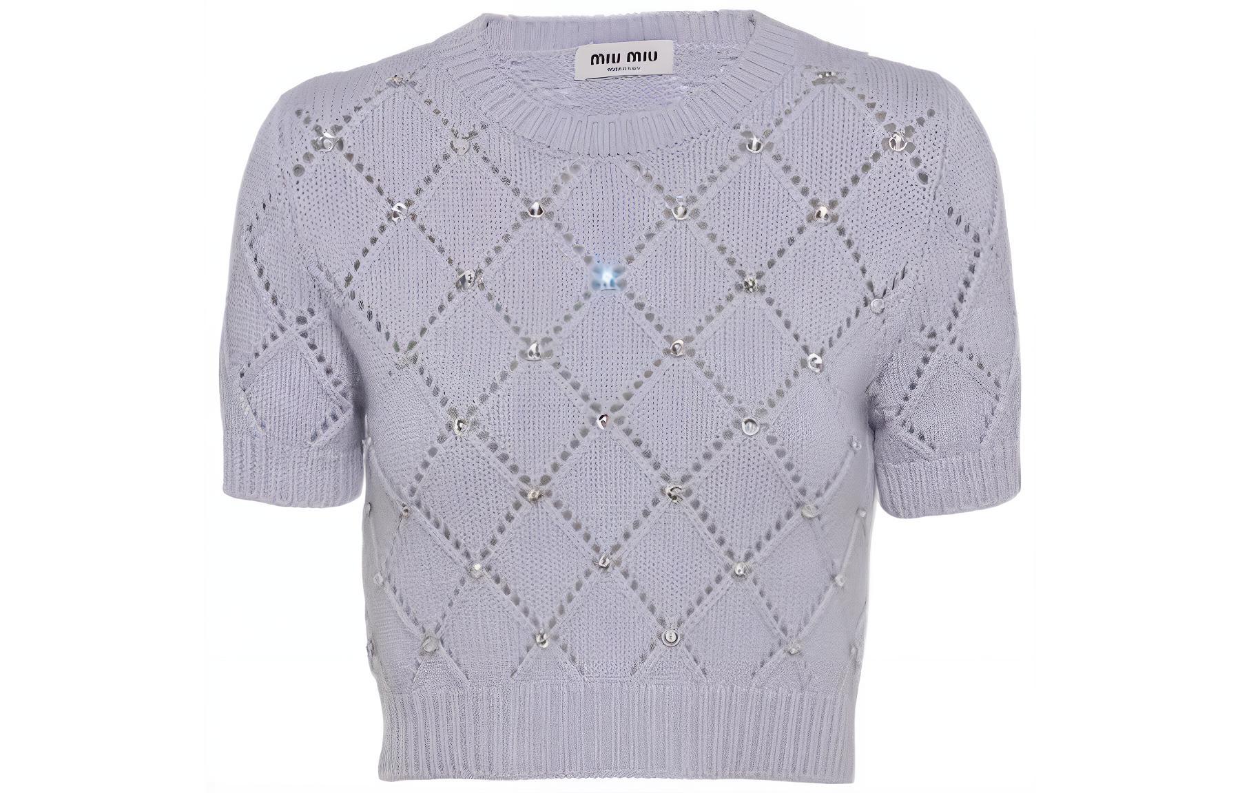 (Women) MIU MIU SS23  Purple Rhinestone Pattern Short-Sleeve Sweater. MML661-11B2-F0230