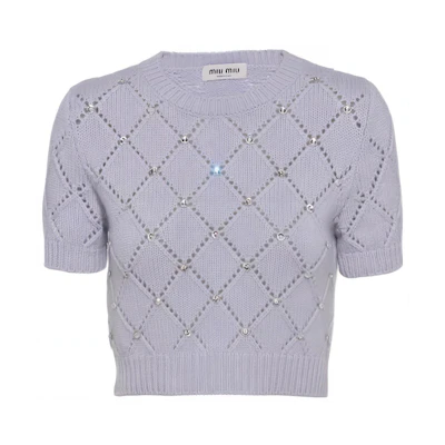 (Women) MIU MIU SS23 Purple Rhinestone Pattern Short-Sleeve Sweater. MML661-11B2-F0230