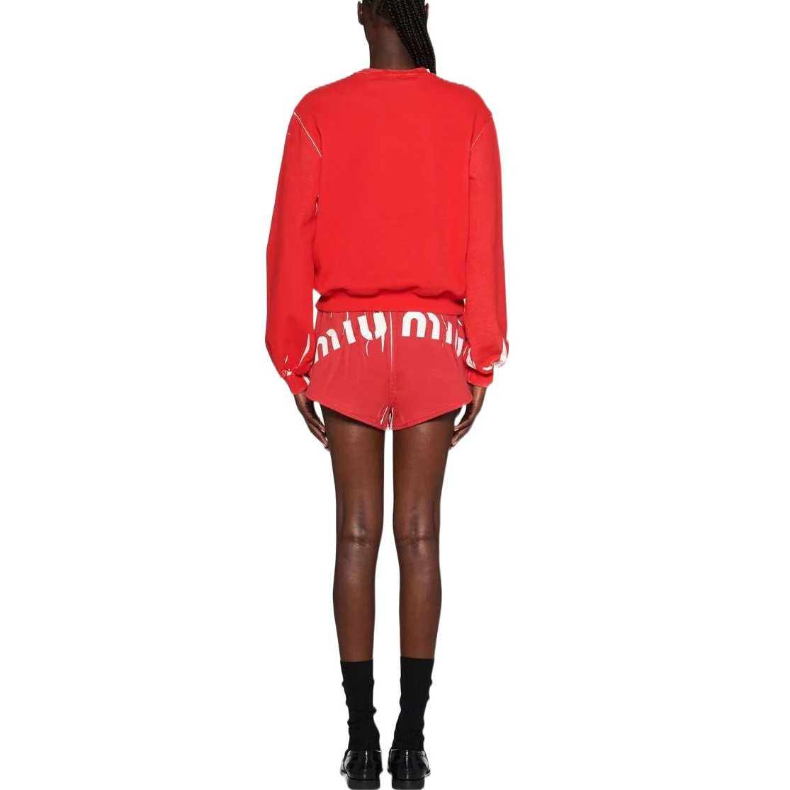 Shop (W) 미우미우 SS23 레드 로고 프린트 풀오버 스웻셔츠. MJL924-12Y1-F0011-S-231