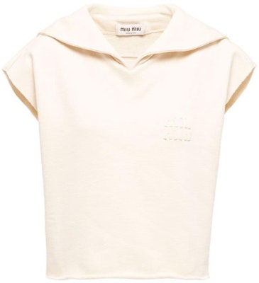 (W) MIU MIU SS23 Hoodie Tanpa Lengan Pullover Warna Putih Krem MJT654-102J-F0304 Order (W) MIU MIU SS23 Hoodie Tanpa Lengan Pullover Warna Putih Krem MJT654-102J-F0304