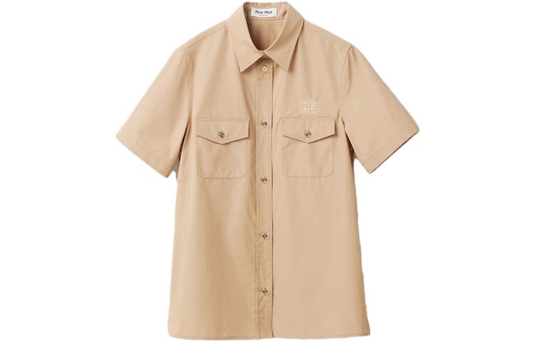 (Women) MIU MIU SS23  Solid Color Logo Embroidered Short-Sleeve Shirt Rope Gray MK1779-10RG-F0065-S-232