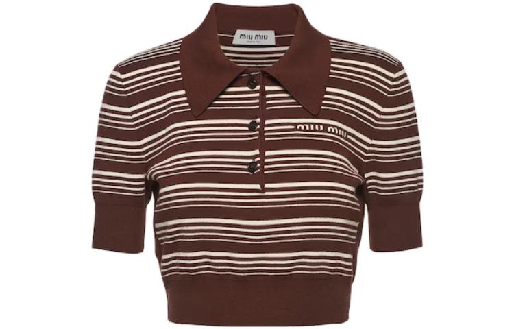 (Women) MIU MIU SS23  Stripe Knit Logo Polo Shirt in Tobacco Color. MML797-1VIN-F0005-S-232