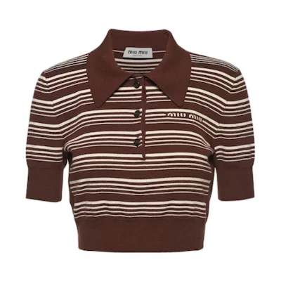 (Women) MIU MIU SS23 Stripe Knit Logo Polo Shirt in Tobacco Color. MML797-1VIN-F0005-S-232