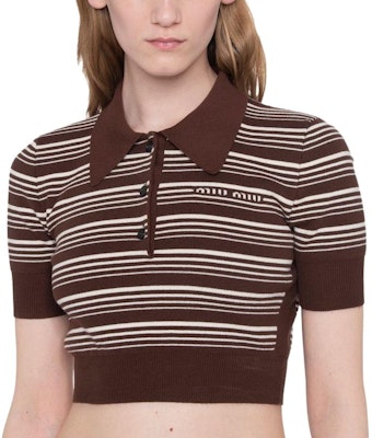 (W) MIU MIU SS23 Baju Polo Jalur Bersulam Logo Warna Tembakau. MML797-1VIN-F0005-S-232 Lookbook (W) MIU MIU SS23 Baju Polo Jalur Bersulam Logo Warna Tembakau. MML797-1VIN-F0005-S-232