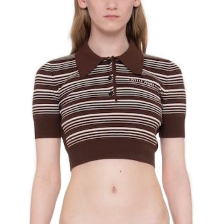 Shop (W) MIU MIU SS23 Baju Polo Jalur Bersulam Logo Warna Tembakau. MML797-1VIN-F0005-S-232