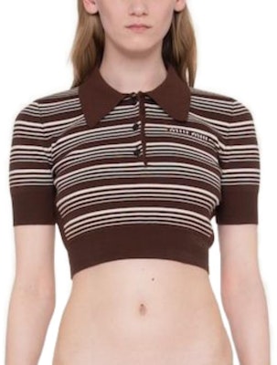 (W) MIU MIU SS23 Baju Polo Jalur Bersulam Logo Warna Tembakau. MML797-1VIN-F0005-S-232 Shop (W) MIU MIU SS23 Baju Polo Jalur Bersulam Logo Warna Tembakau. MML797-1VIN-F0005-S-232