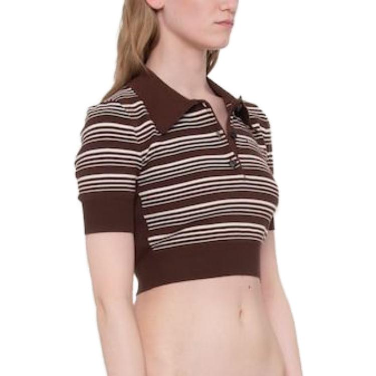 Details for (W) MIU MIU SS23 Baju Polo Jalur Bersulam Logo Warna Tembakau. MML797-1VIN-F0005-S-232