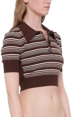 (W) MIU MIU SS23 Baju Polo Jalur Bersulam Logo Warna Tembakau. MML797-1VIN-F0005-S-232 Details for (W) MIU MIU SS23 Baju Polo Jalur Bersulam Logo Warna Tembakau. MML797-1VIN-F0005-S-232