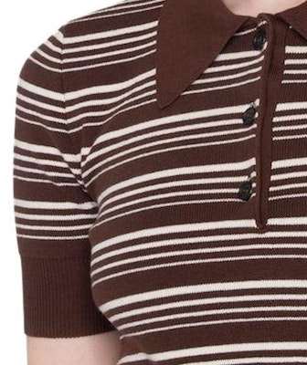 (W) MIU MIU SS23 Baju Polo Jalur Bersulam Logo Warna Tembakau. MML797-1VIN-F0005-S-232 Sizing (W) MIU MIU SS23 Baju Polo Jalur Bersulam Logo Warna Tembakau. MML797-1VIN-F0005-S-232