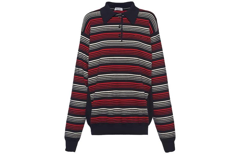(Women) MIU MIU SS23  Striped Cotton Knit Long-Sleeve Polo Shirt Blue MML795-1VIN-F0008-S-232