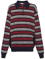 (Women) MIU MIU SS23 Striped Cotton Knit Long-Sleeve Polo Shirt Blue MML795-1VIN-F0008-S-232 (Women) MIU MIU SS23 Striped Cotton Knit Long-Sleeve Polo Shirt Blue MML795-1VIN-F0008-S-232