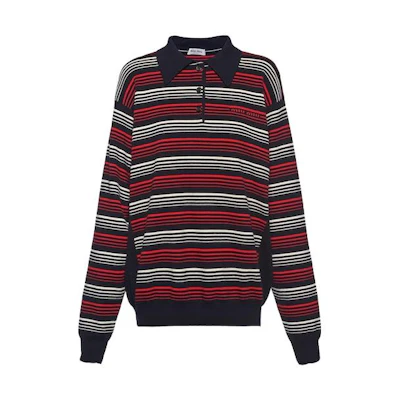 (Women) MIU MIU SS23 Striped Cotton Knit Long-Sleeve Polo Shirt Blue MML795-1VIN-F0008-S-232