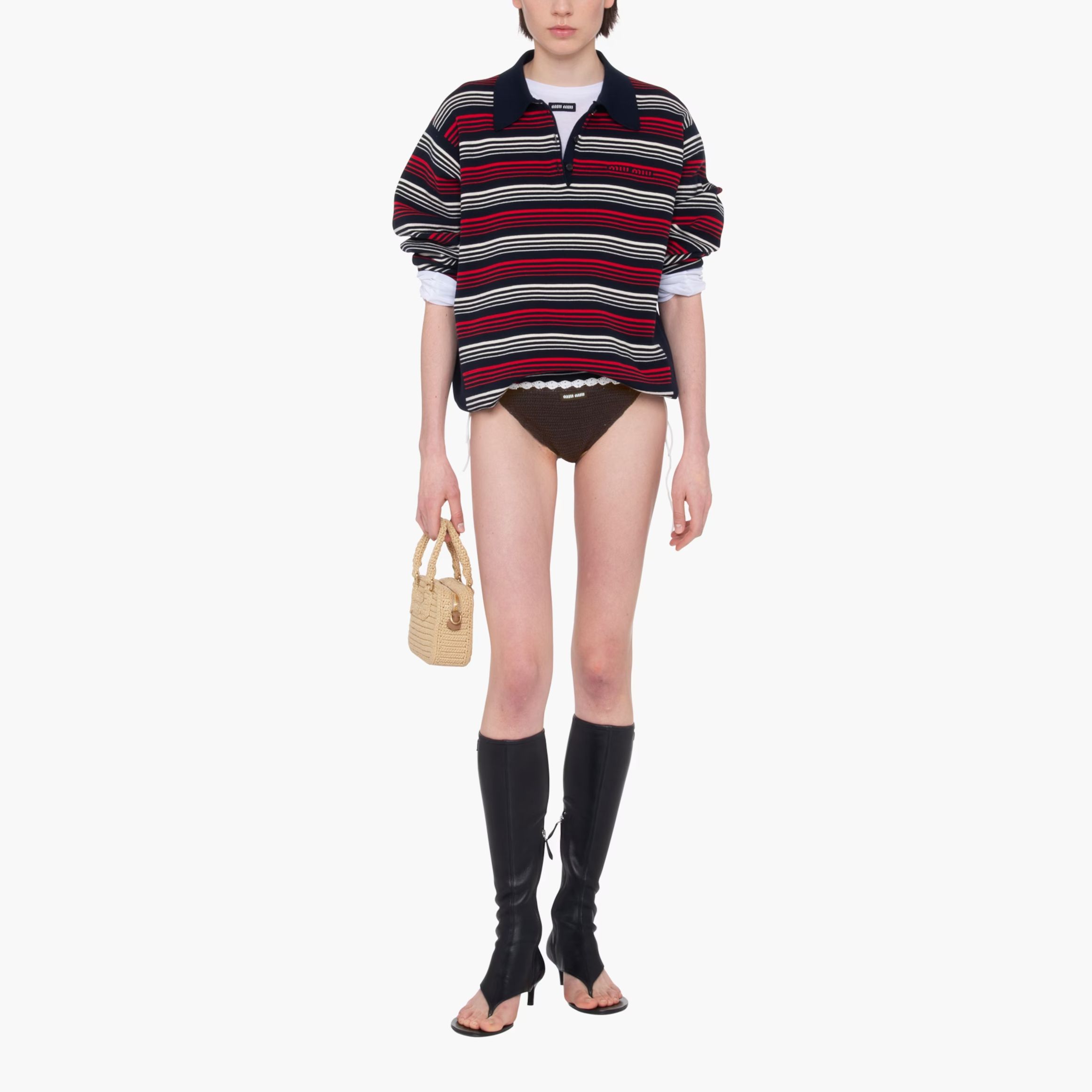 Lookbook (W) MIU MIU SS23 Baju Polo Lengan Panjang Jalur Biru Kain Kapas Knit MML795-1VIN-F0008-S-232