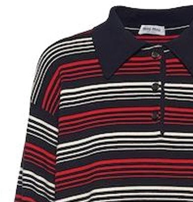(W) MIU MIU SS23 Baju Polo Lengan Panjang Jalur Biru Kain Kapas Knit MML795-1VIN-F0008-S-232 Details for (W) MIU MIU SS23 Baju Polo Lengan Panjang Jalur Biru Kain Kapas Knit MML795-1VIN-F0008-S-232