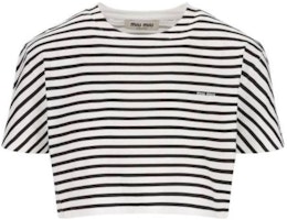 (Women) MIU MIU SS23 Striped Crewneck Cropped Short Sleeve T-Shirt Black MJN452-12P7-F0964 (Women) MIU MIU SS23 Striped Crewneck Cropped Short Sleeve T-Shirt Black MJN452-12P7-F0964