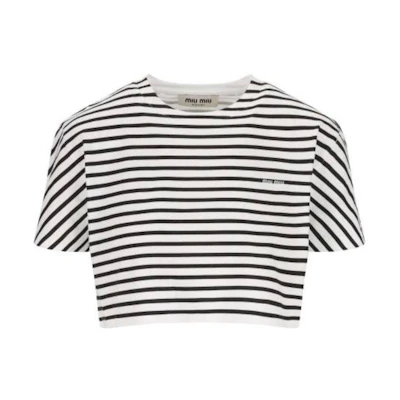 (Women) MIU MIU SS23 Striped Crewneck Cropped Short Sleeve T-Shirt Black MJN452-12P7-F0964