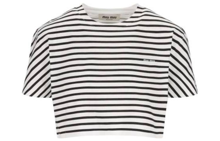 Order (W) MIU MIU SS23 ストライプ クルーネック クロップド 半袖 Tシャツ ブラック MJN452-12P7-F0964