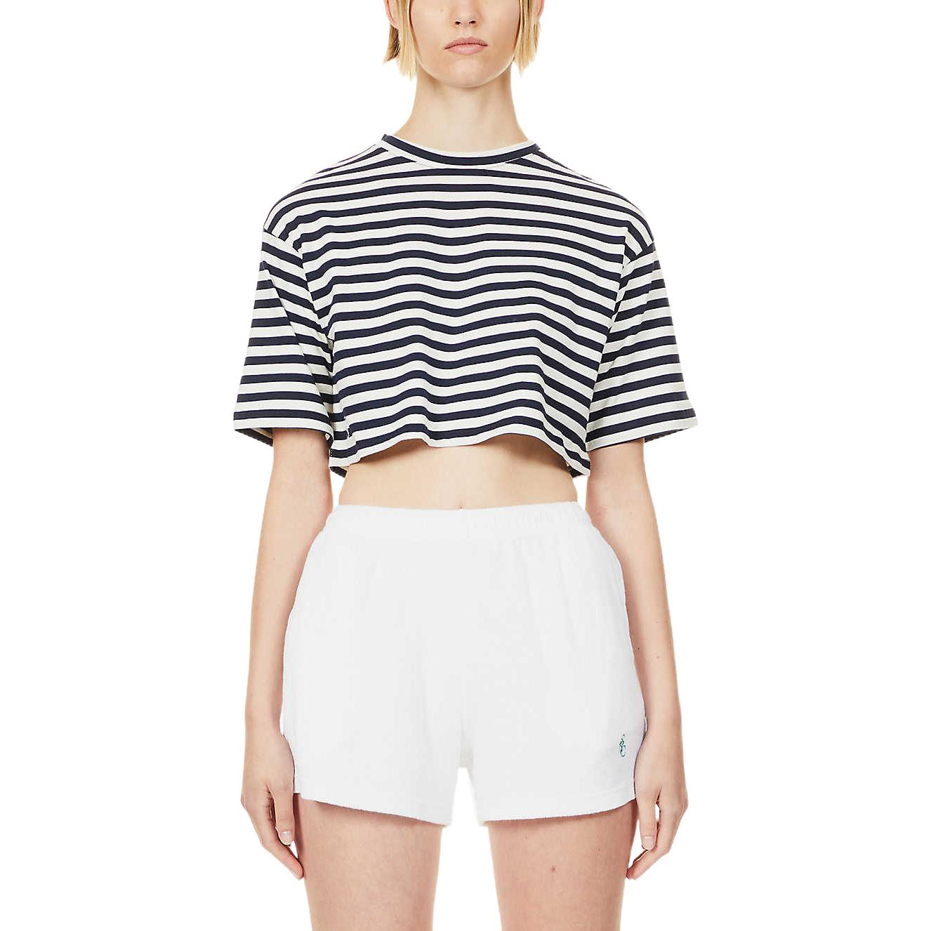 Shop (W) MIU MIU SS23 ストライプ クルーネック クロップド 半袖 Tシャツ ブラック MJN452-12P7-F0964