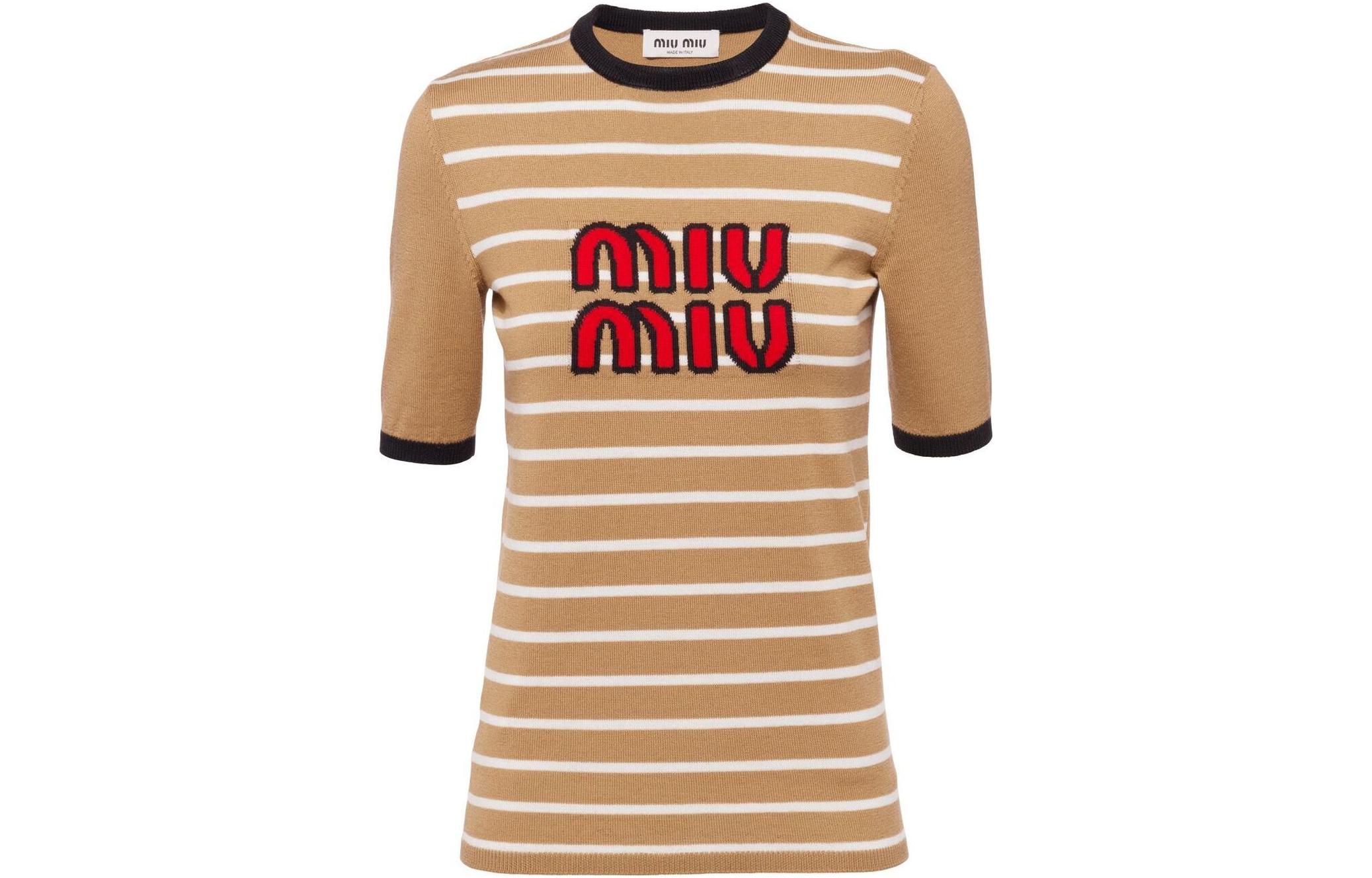 (Women) MIU MIU SS23  Striped Embroidered Knit Pullover T-Shirt in Camel Brown. MML744-12KC-F0040