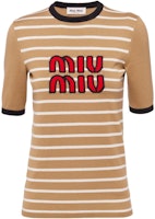 (Women) MIU MIU SS23 Striped Embroidered Knit Pullover T-Shirt in Camel Brown. MML744-12KC-F0040 (Women) MIU MIU SS23 Striped Embroidered Knit Pullover T-Shirt in Camel Brown. MML744-12KC-F0040