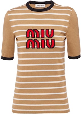 (W) MIU MIU SS23 ストライプ刺繍ニットプルオーバーTシャツ キャメルブラウン MML744-12KC-F0040 Buy (W) MIU MIU SS23 ストライプ刺繍ニットプルオーバーTシャツ キャメルブラウン MML744-12KC-F0040