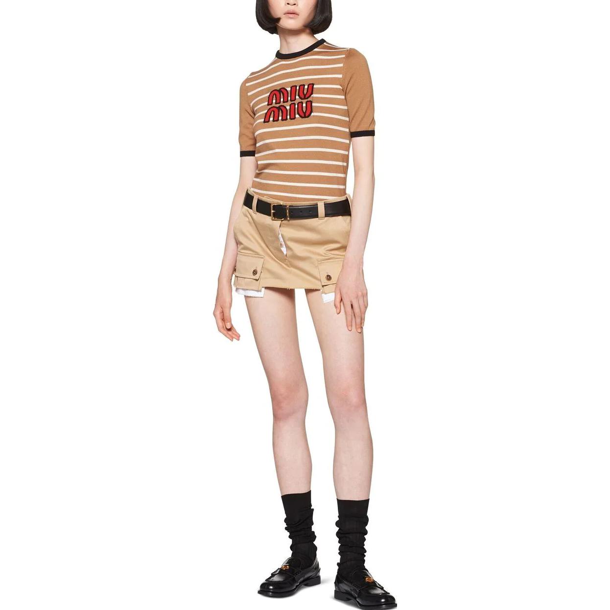 Lookbook (W) MIU MIU SS23 ストライプ刺繍ニットプルオーバーTシャツ キャメルブラウン MML744-12KC-F0040