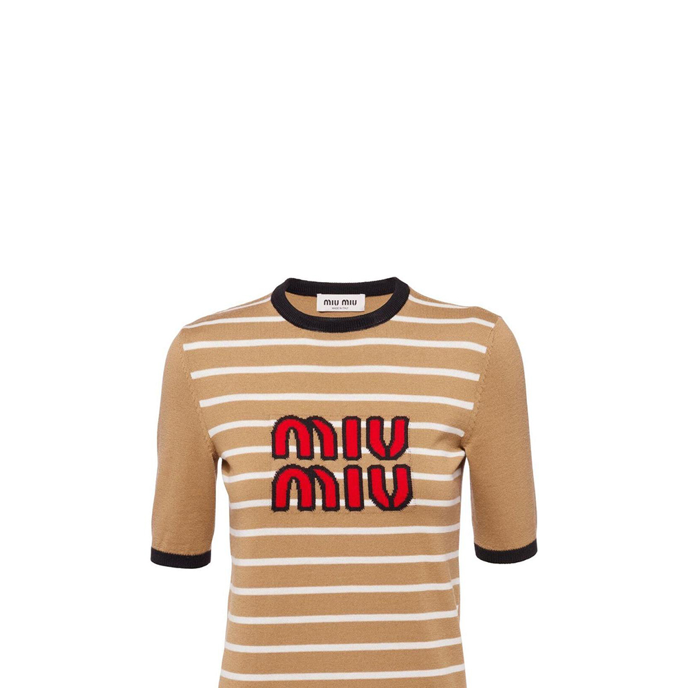 Purchase (W) MIU MIU SS23 ストライプ刺繍ニットプルオーバーTシャツ キャメルブラウン MML744-12KC-F0040