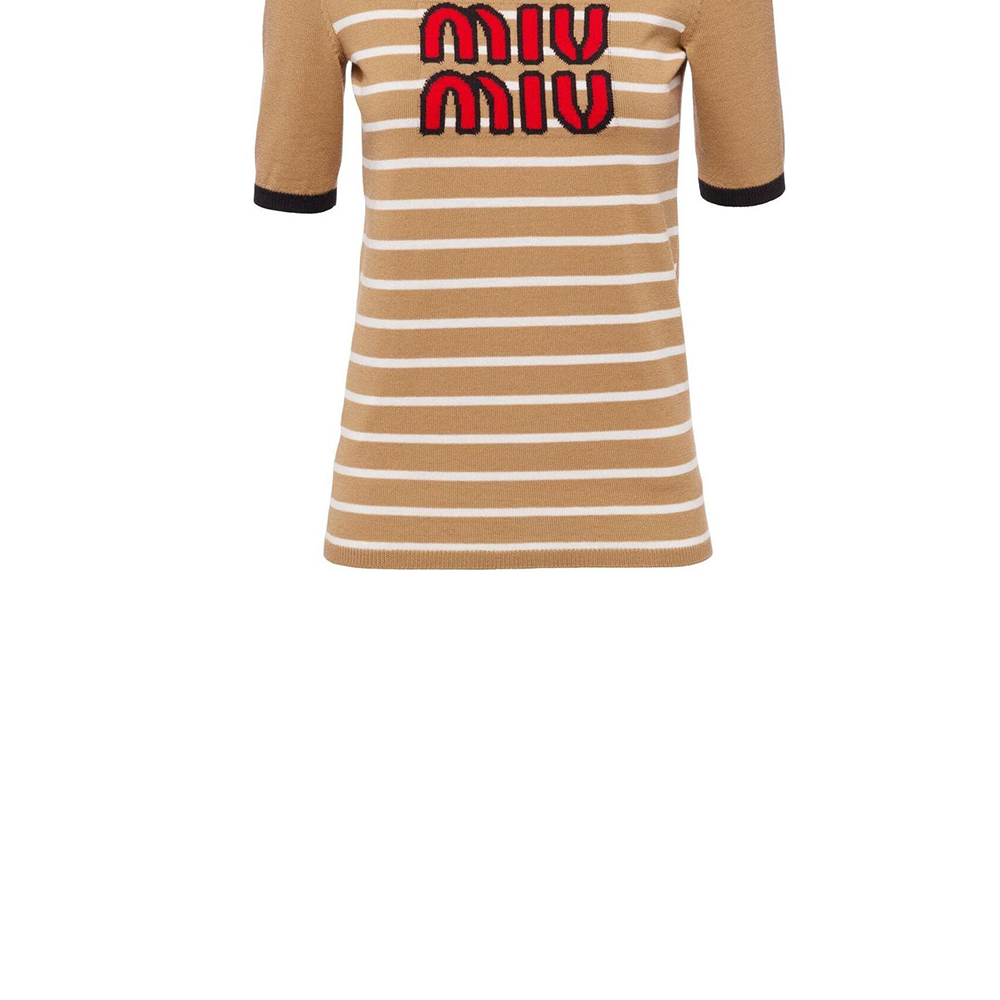 Details for (W) MIU MIU SS23 ストライプ刺繍ニットプルオーバーTシャツ キャメルブラウン MML744-12KC-F0040