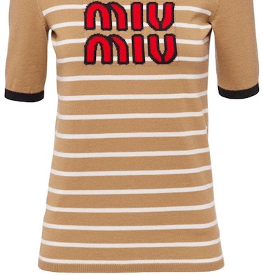 (W) MIU MIU SS23 ストライプ刺繍ニットプルオーバーTシャツ キャメルブラウン MML744-12KC-F0040 Details for (W) MIU MIU SS23 ストライプ刺繍ニットプルオーバーTシャツ キャメルブラウン MML744-12KC-F0040
