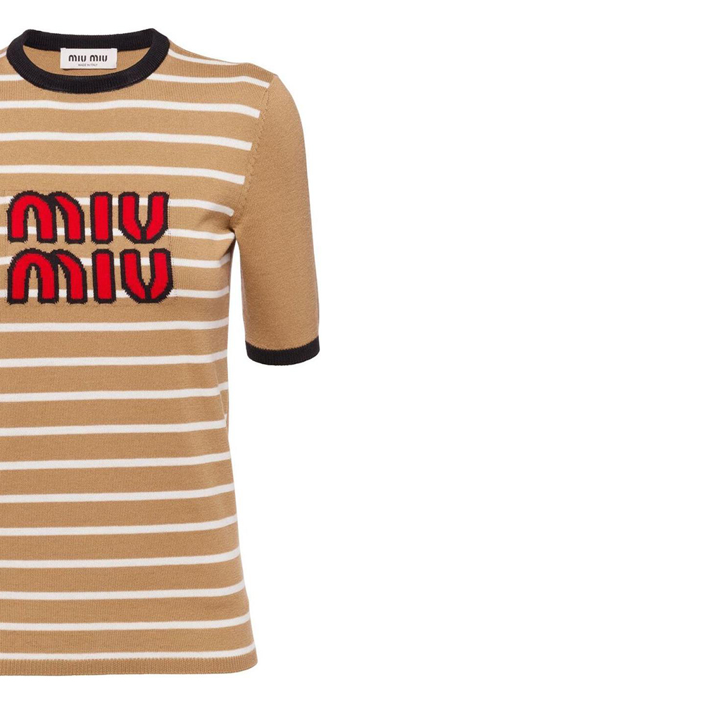 Sizing (W) MIU MIU SS23 ストライプ刺繍ニットプルオーバーTシャツ キャメルブラウン MML744-12KC-F0040