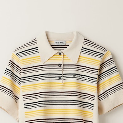 (W) MIU MIU SS23 Kemeja Polo Jalur Rajut Berhuruf Pelbagai Warna. MML796-1VIN-F0304-S-232 Details for (W) MIU MIU SS23 Kemeja Polo Jalur Rajut Berhuruf Pelbagai Warna. MML796-1VIN-F0304-S-232