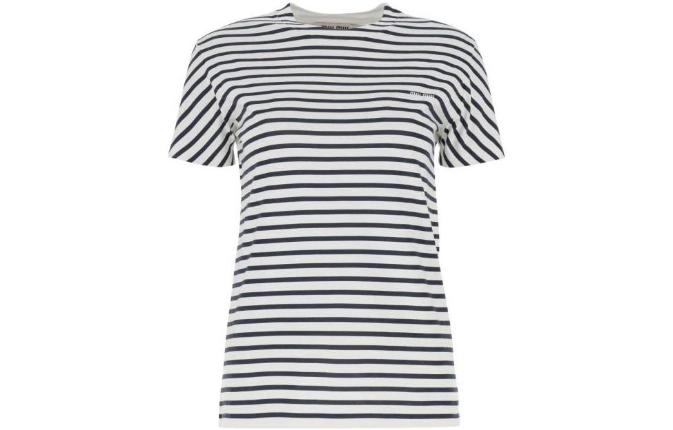 (Women) MIU MIU SS23  Striped Print Crewneck Short-Sleeve T-Shirt White. MJN345-12P7-F0UB0