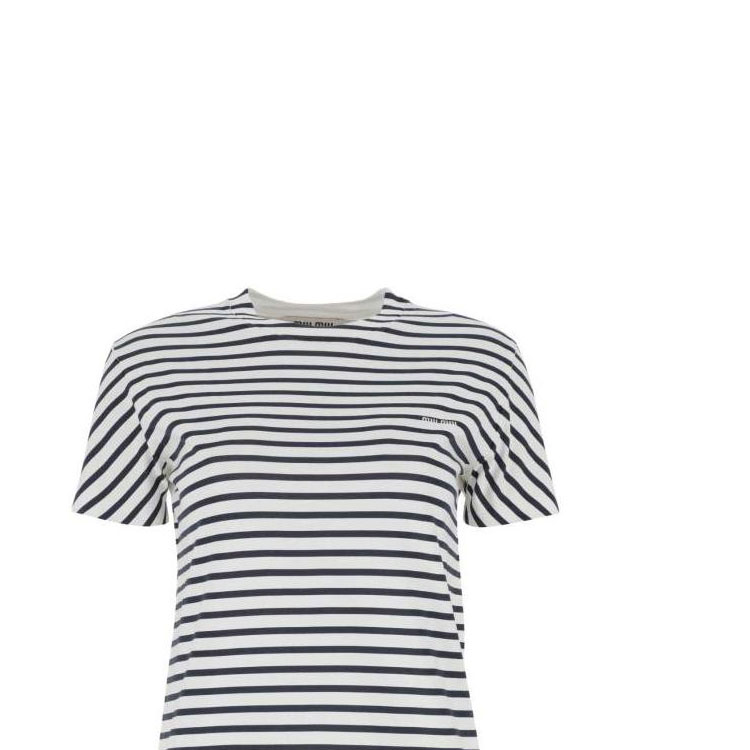 Shop (W) MIU MIU SS23 Camiseta Blanca Rayas Manga Corta Cuello Redondo. MJN345-12P7-F0UB0
