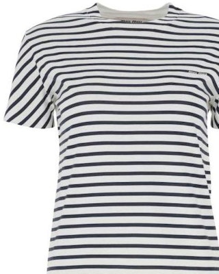(W) MIU MIU SS23 Camiseta Blanca Rayas Manga Corta Cuello Redondo. MJN345-12P7-F0UB0 Details for (W) MIU MIU SS23 Camiseta Blanca Rayas Manga Corta Cuello Redondo. MJN345-12P7-F0UB0
