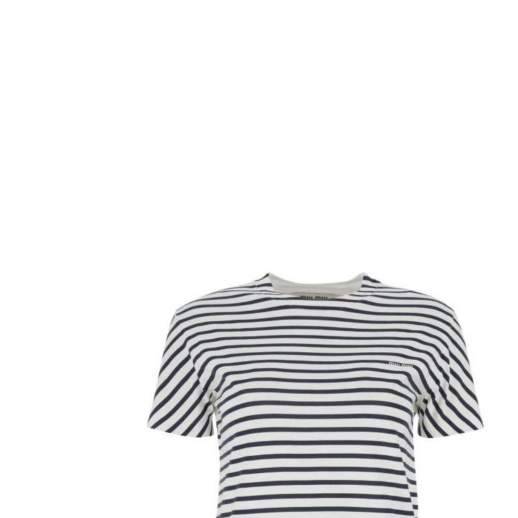 Sizing (W) MIU MIU SS23 Camiseta Blanca Rayas Manga Corta Cuello Redondo. MJN345-12P7-F0UB0