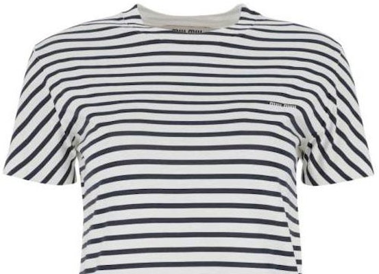 (W) MIU MIU SS23 Camiseta Blanca Rayas Manga Corta Cuello Redondo. MJN345-12P7-F0UB0 Sizing (W) MIU MIU SS23 Camiseta Blanca Rayas Manga Corta Cuello Redondo. MJN345-12P7-F0UB0