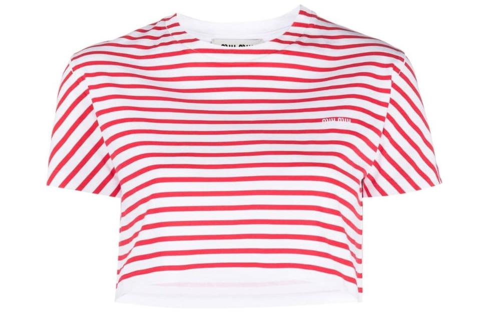 (Women) MIU MIU SS23  Striped Short-Sleeve Cropped T-Shirt Red. MJN452-12P7-F0970-S-231