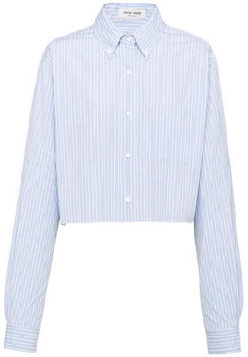 (W) MIU MIU SS23 Kemeja Lengan Panjang Bergaris Biru Muda Single-Breasted MK1741-12W8-F0076 Order (W) MIU MIU SS23 Kemeja Lengan Panjang Bergaris Biru Muda Single-Breasted MK1741-12W8-F0076