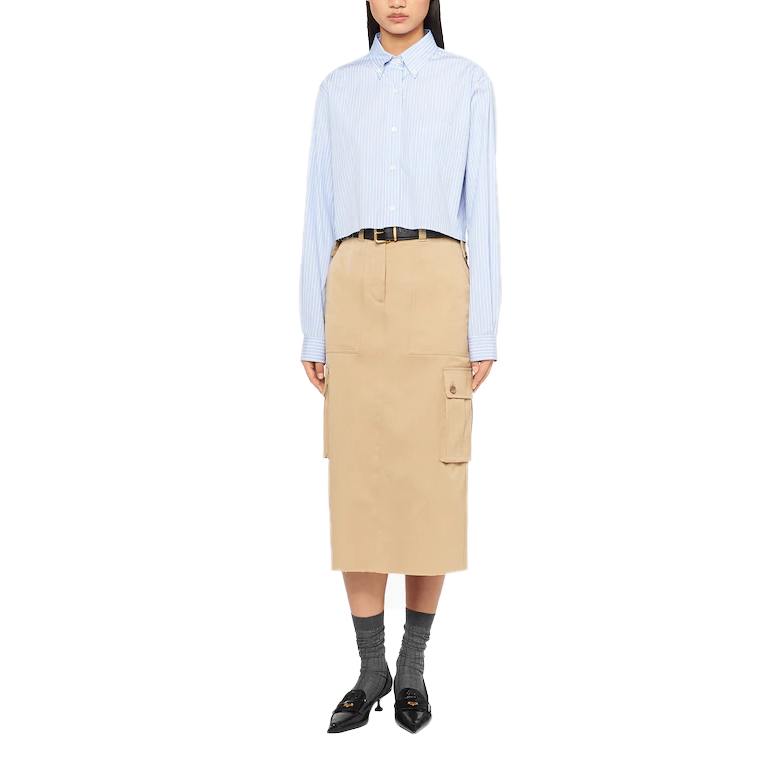 Lookbook (W) MIU MIU SS23 Kemeja Lengan Panjang Bergaris Biru Muda Single-Breasted MK1741-12W8-F0076