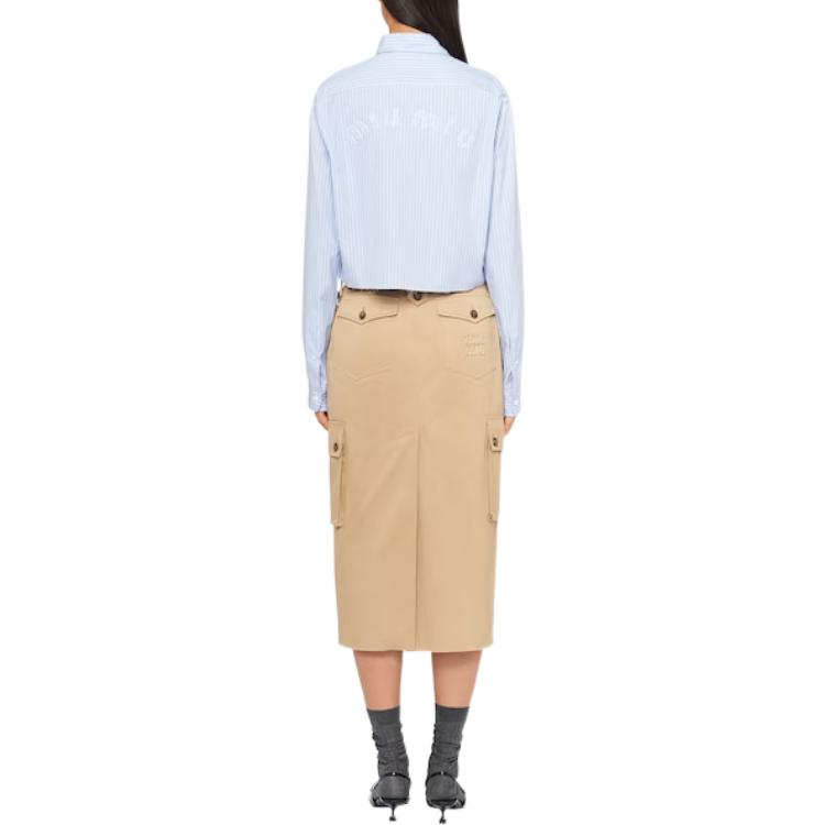 Shop (W) MIU MIU SS23 Kemeja Lengan Panjang Bergaris Biru Muda Single-Breasted MK1741-12W8-F0076