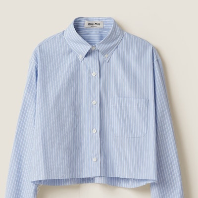 (W) MIU MIU SS23 Kemeja Lengan Panjang Bergaris Biru Muda Single-Breasted MK1741-12W8-F0076 Details for (W) MIU MIU SS23 Kemeja Lengan Panjang Bergaris Biru Muda Single-Breasted MK1741-12W8-F0076