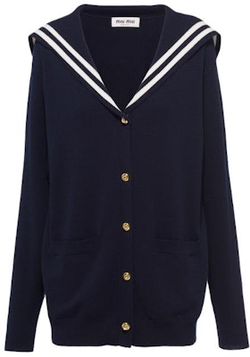 (W) MIU MIU SS23 Kardigan Kasmir Jalur Leher-V dengan Butang Depan MMF709-12ZH-F022X Sizing (W) MIU MIU SS23 Kardigan Kasmir Jalur Leher-V dengan Butang Depan MMF709-12ZH-F022X