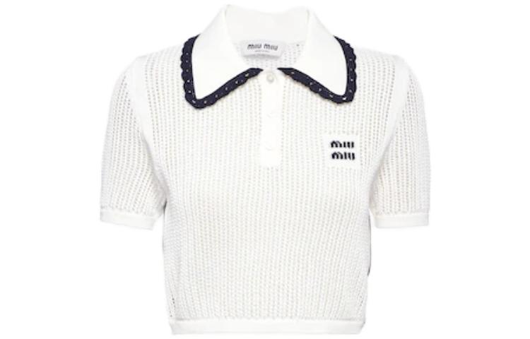 (Women) MIU MIU SS23  White Colorblock Knitted Short-Sleeve Polo Shirt. MML790-1U7U-F0UB0-S-232