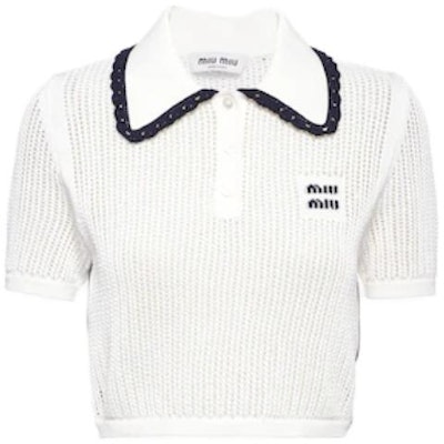 (W) MIU MIU SS23 Baju Polo Rajut Lengan Pendek Warna Putih. MML790-1U7U-F0UB0-S-232 Buy (W) MIU MIU SS23 Baju Polo Rajut Lengan Pendek Warna Putih. MML790-1U7U-F0UB0-S-232