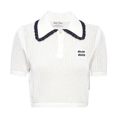 (Women) MIU MIU SS23 White Colorblock Knitted Short-Sleeve Polo Shirt. MML790-1U7U-F0UB0-S-232