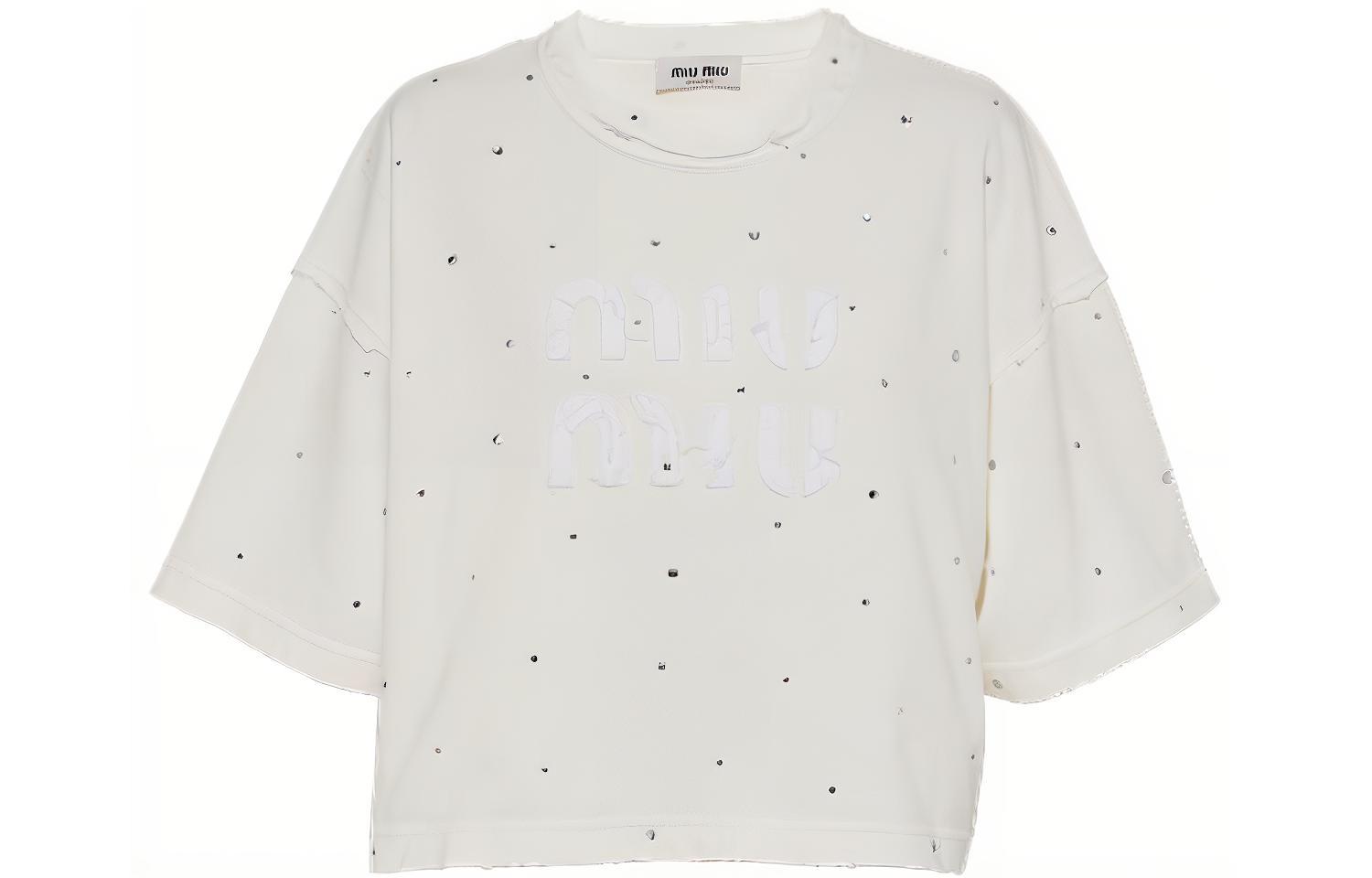 (Women) MIU MIU SS23  White Crystal Embellished Logo Embroidery T-Shirt. MJN440-12MG-F0009-S-231