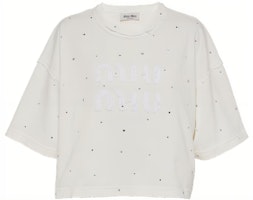 (Women) MIU MIU SS23 White Crystal Embellished Logo Embroidery T-Shirt. MJN440-12MG-F0009-S-231 (Women) MIU MIU SS23 White Crystal Embellished Logo Embroidery T-Shirt. MJN440-12MG-F0009-S-231
