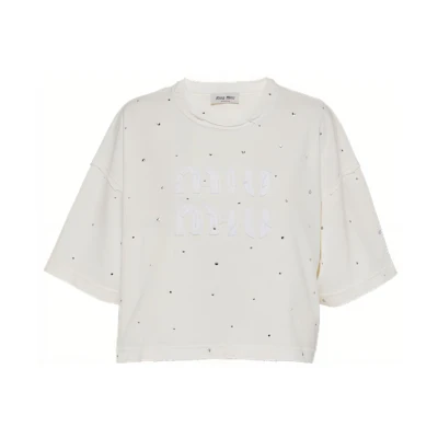 (Women) MIU MIU SS23 White Crystal Embellished Logo Embroidery T-Shirt. MJN440-12MG-F0009-S-231